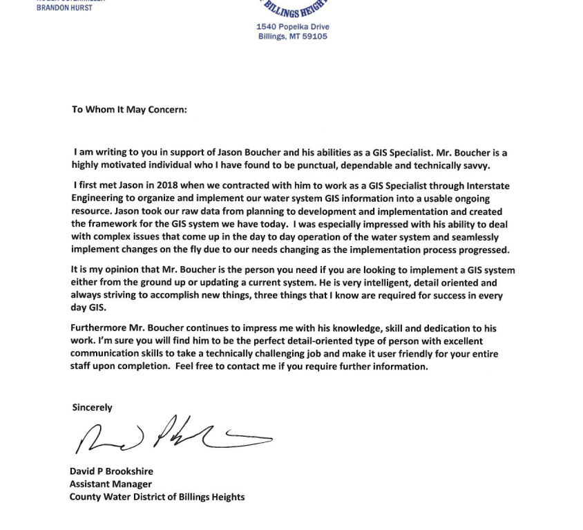 County Water District of Billings Heights GIS Letter of Recommendation