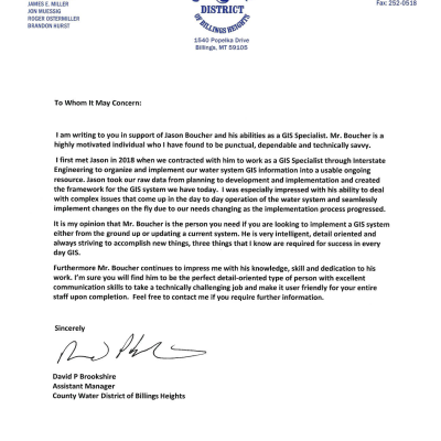 County Water District of Billings Heights GIS Letter of Recommendation