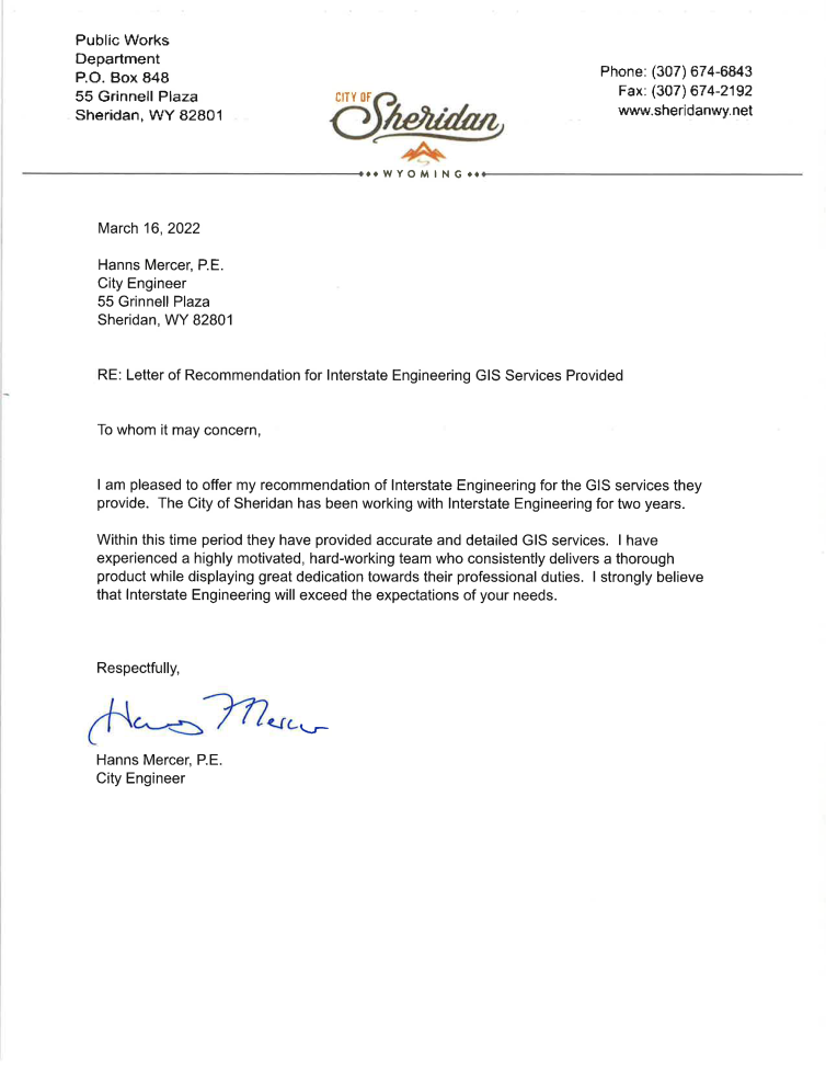 City of Sheridan Letter of Recommendation