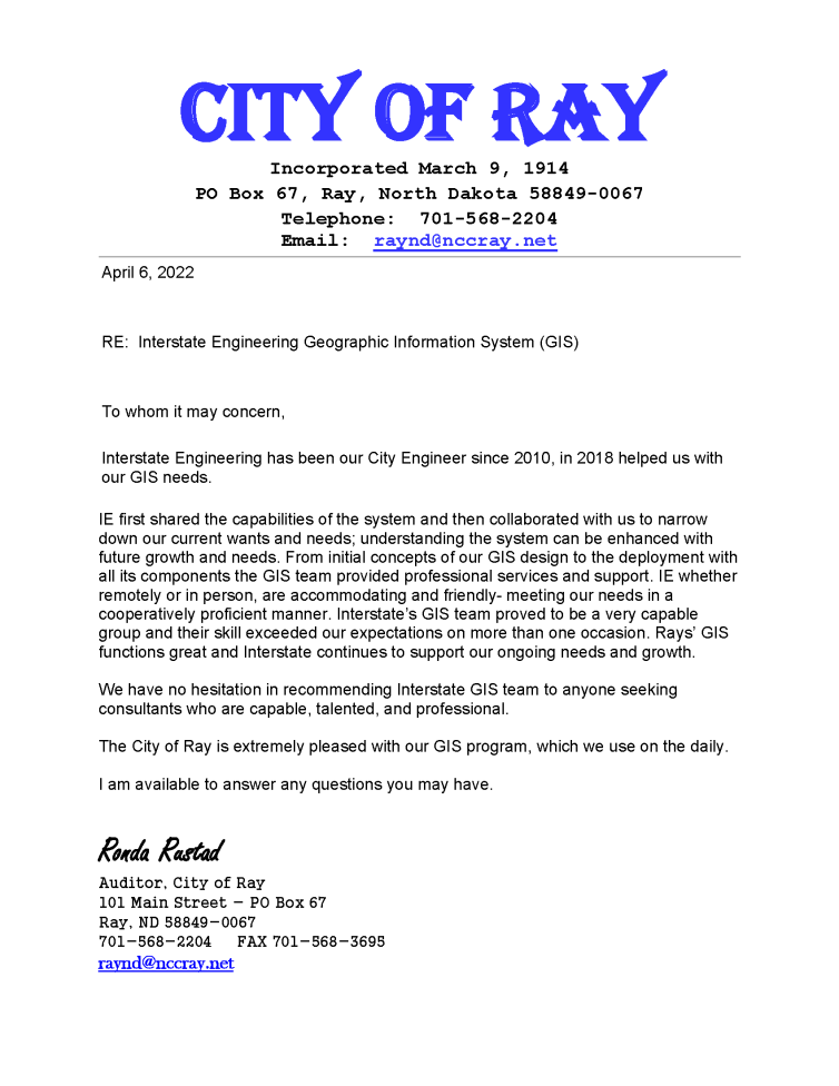 City of Ray GIS Letter of Recommendation