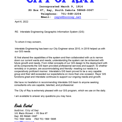 City of Ray GIS Letter of Recommendation